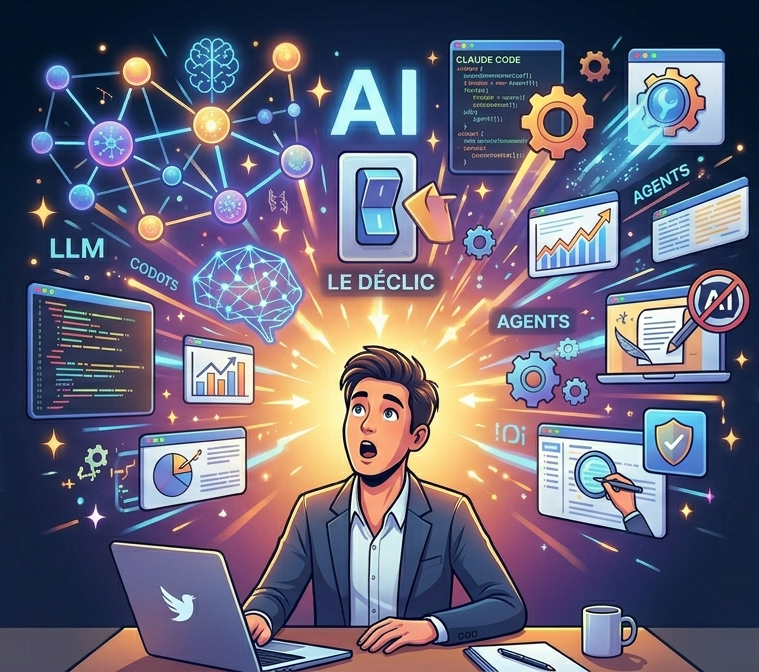 Illustration du déclic autour de l'intelligence artificielle, avec LLM, agents et outils de développement