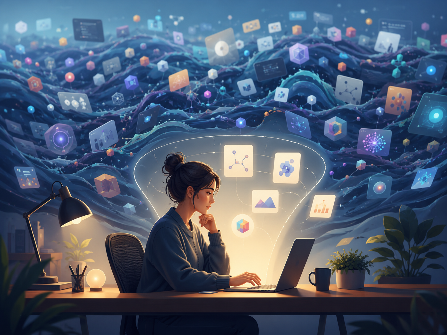 Personne travaillant face à un ordinateur, entourée d'une vague d'outils et de contenus IA illustrant le FOMO technologique