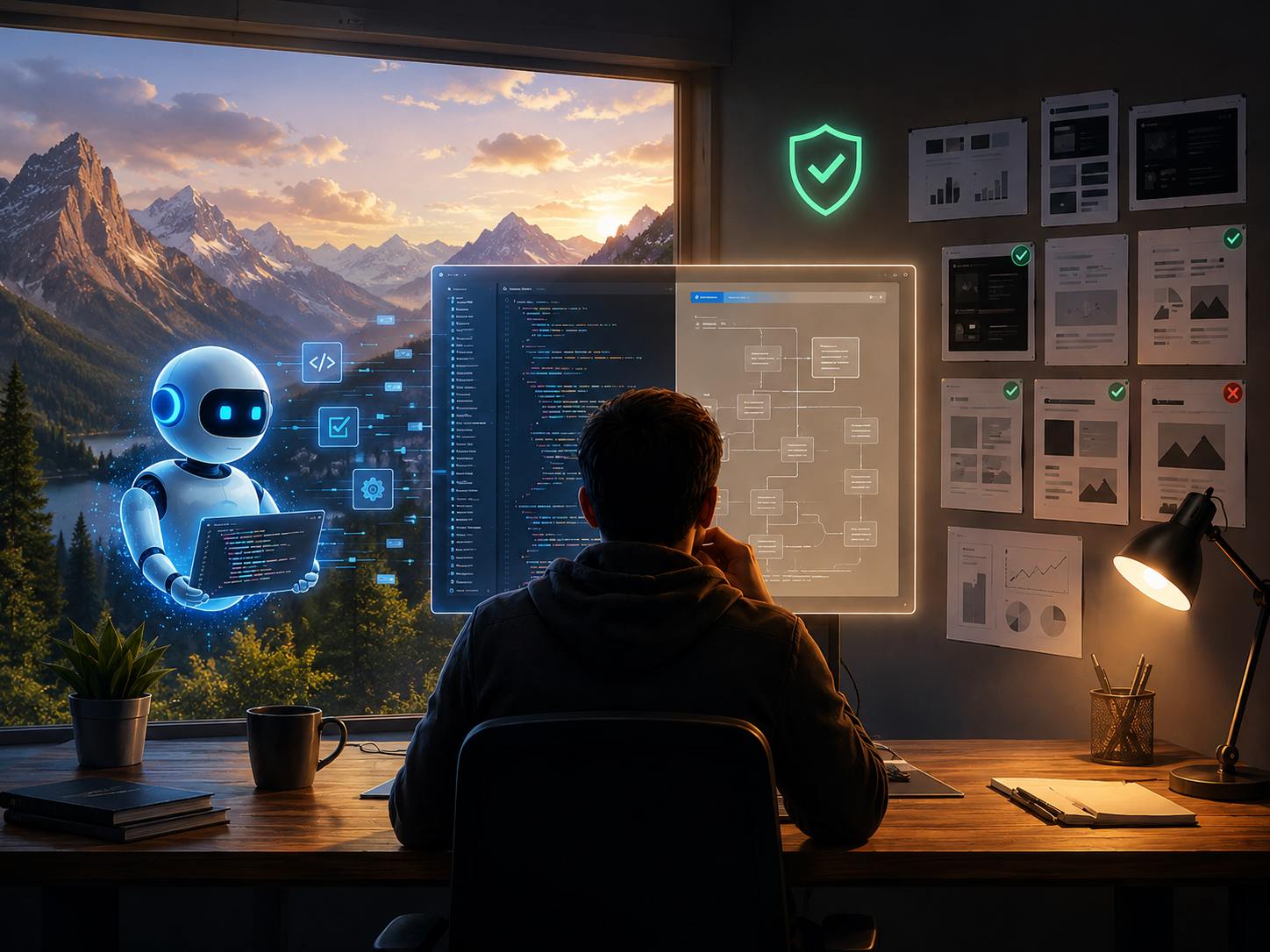 Développeur travaillant avec un assistant IA sur du code, dans un environnement de conception et de validation